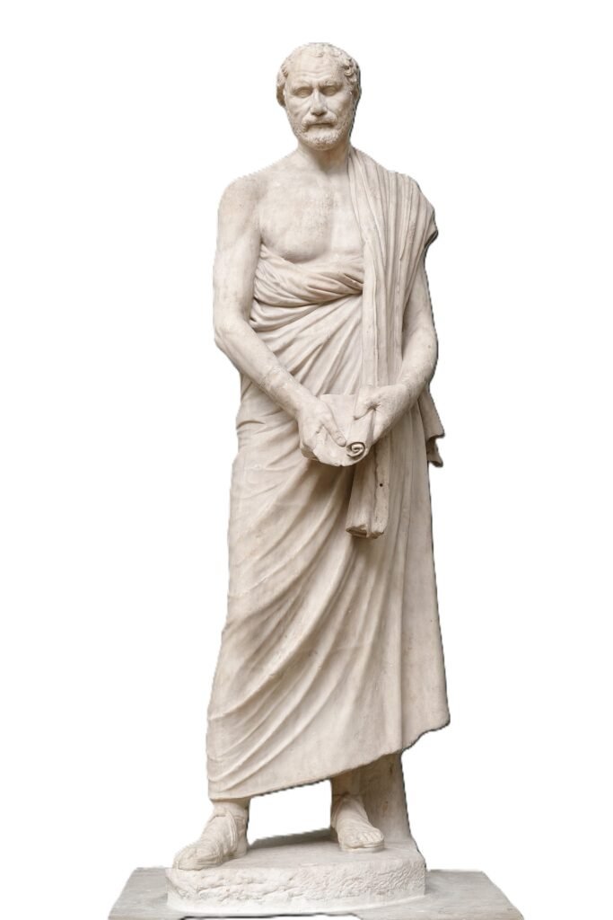 Après sa découverte, cette statue de Démosthène fut conservée au Palazzo Columbrano à Naples ; de 1770 à 1929, elle se trouvait à Knole Park dans le Kent ; elle fut acquise par la Glyptothèque de Copenhague en 19294. Les restaurations comprennent le nez, les mains et les orteils