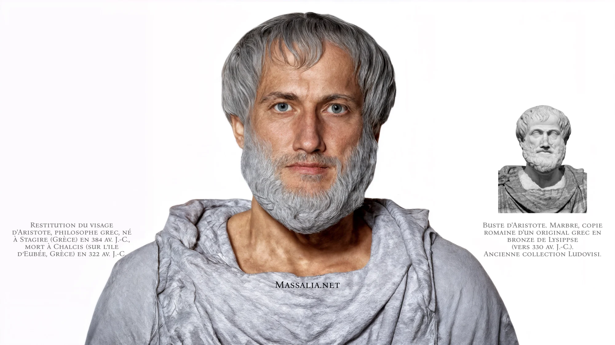 Restitution du visage d'Aristote d'après un buste en marbre copie romaine d'un bronze de Lysippe